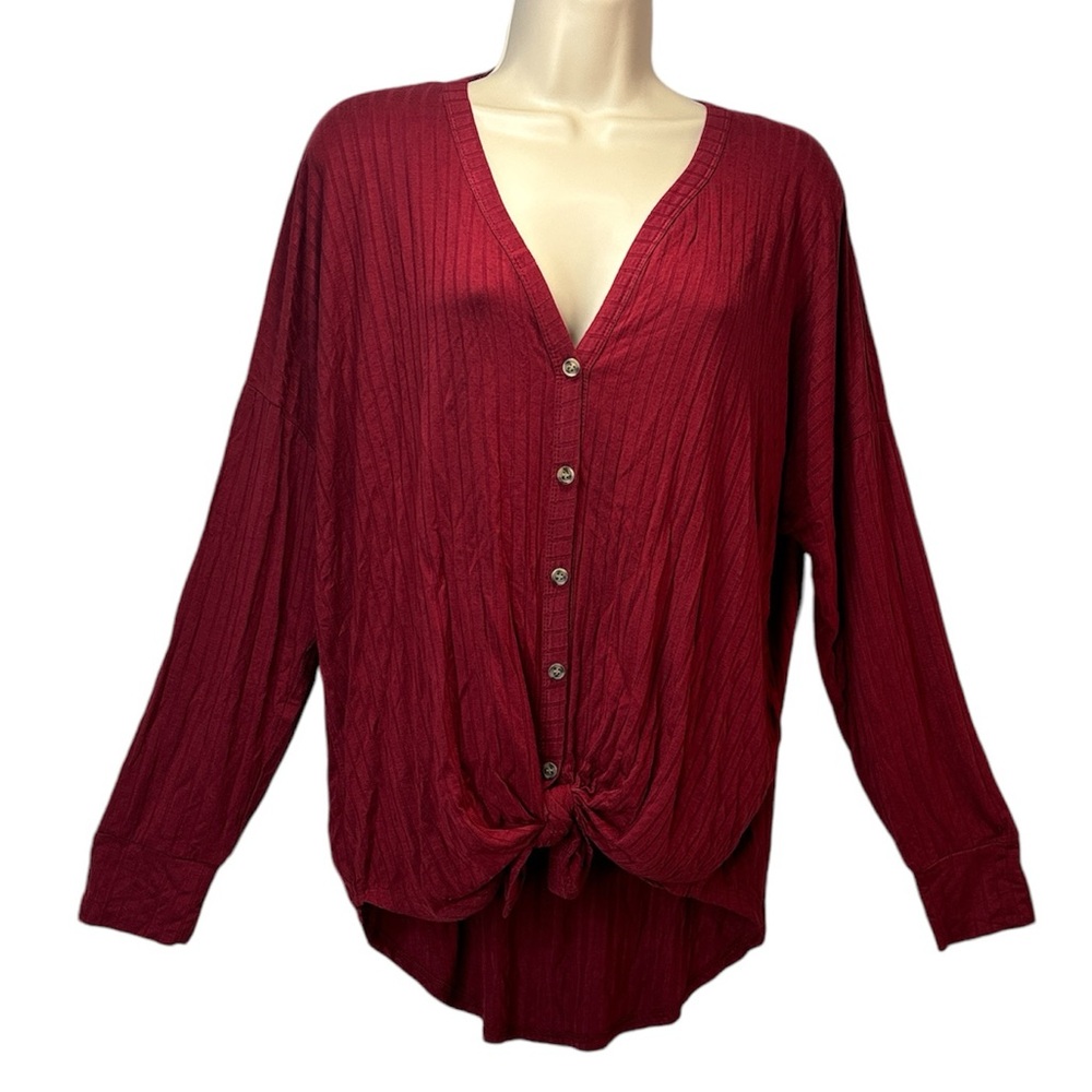New Nadine West Long Sleeve Button Knit Tie Front Blouse Top Size XL Red Wine